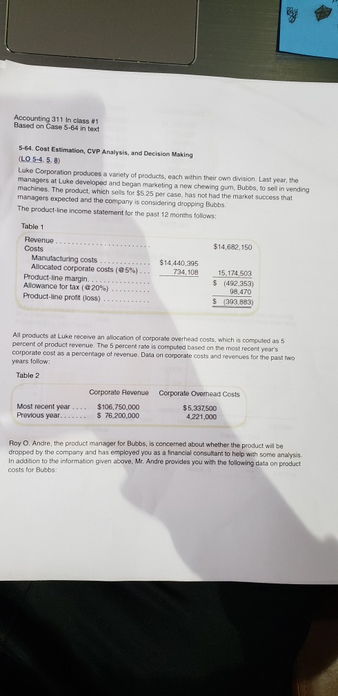 Accounting 311 In class #1 Based on Case 5-64 in text 5-64. Cost Estimation, CVP Analysis, and Decision Making (LO 5-4.5.8) L