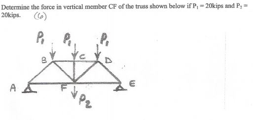 Determine the force in vertical member CF of the truss shown below if P, = 20kips and P, = 20kips. P 8 E А