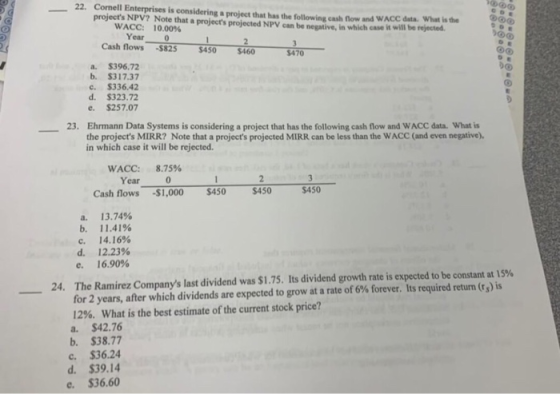 22. Cornell Enterprises is considering a project that has the following cash fnow and WACC data What is the projects NPV? No