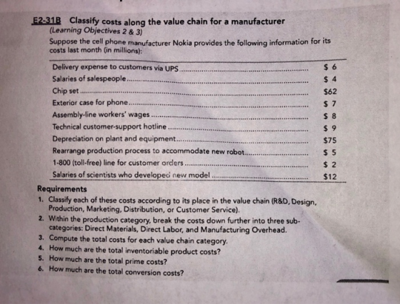 E2-31B Classify costs along the value chain for a manufacturer (Learning Objectives 2 & 3) Suppose the cell phone manufacture