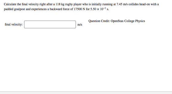 Calculate the final velocity right after a 118 kg rugby player who is initially running at 7.45 m/s collides head-on with a p