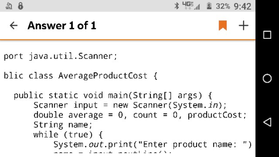 의8 Answer 1 of 1 port java.uti1.Scanner; blic class AverageProductCost i public static void main(Stringl] args){ Scanner inpu