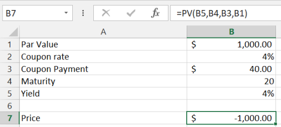 B7 - for =PV(B5,B4,B3,B1) X А В $ 1 Par Value 2 Coupon rate 3 Coupon Payment 4 Maturity 5 Yield 6 7 Price 1,000.00 4% 40.00 2