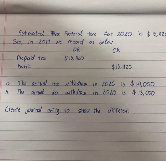Estmatedl Hax Federal tox for 2020 5s $13,920 se ONG OR 13, 920 CR Prepaid tax banlc 13.02 a. The ac tual tax withdraw in 201