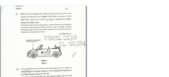 /Sealan 21 (a Based on your knowledge about vibration, please show how to derive ful1 cquations of motion for a car in Figure