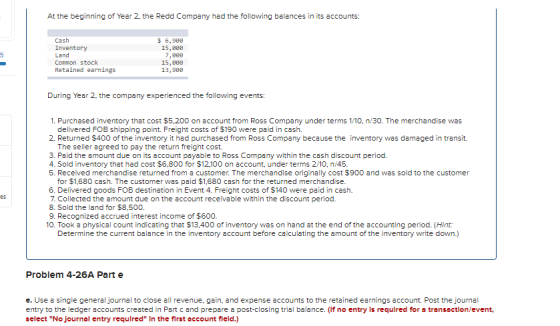 At the beginning of Year 2, the Redd Company had the following balances in its accounts: Cash Inventory Land Common stock Ret