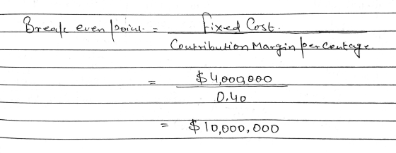 Breate even feiland ul. Fixed Cost Courribution Margin percentage. $4,000,000 0.40 $10,000,000