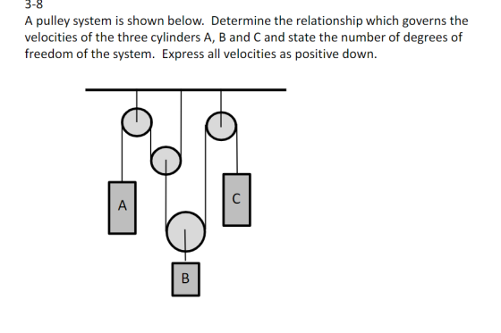 3-8 A pulley system is shown below. Determine the relationship which governs the velocities of the three cylinders A, B and C and state the number of degrees of freedom of the system. Express all velocities as positive down.