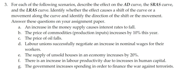 3. For each of the following scenarios, describe the effect on the AD curve, the SRAS curve, and the LRAS curve. Identify whe