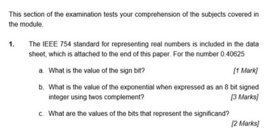 This section of the examination tests your comprehension of the subjects covered in the module. 1. The IEEE 754 standard for