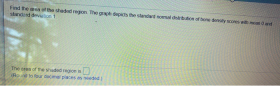 Find the area of the shaded region. The graph depicts the standard normal distribution of bone density scores with mean 0 and