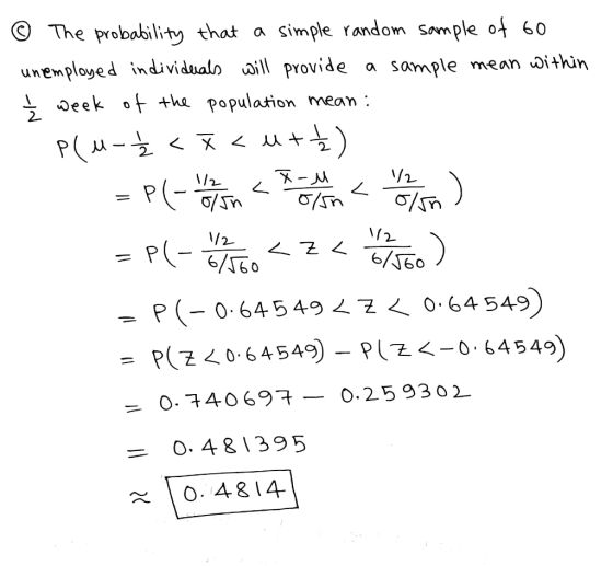The probability that a simple random sample of 60 unemployed individualo will provide a sample mean within eek of the populat