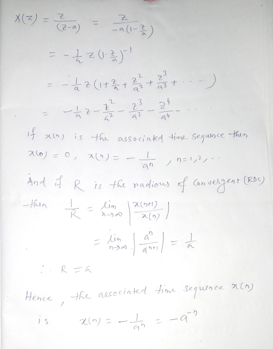 X() - Can 20-3) =- z (1-3) -Hz if xin) is the associated time sequence then 260) = 0, 2(n)= - do ; 1=1,2/-- And if R is the r