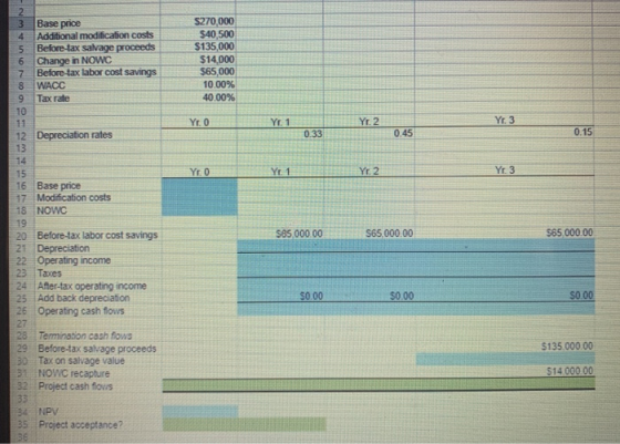 3 Base price 4 Additional modification costs 5 Before tax salvage proceeds Change in NOWC 7 Before tax labor cost savings 8 W