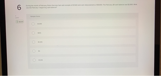 6 During the month of February, Rubio Services had cash receipt of 57600 and cash disbursements of $8.00 The February 28 cash
