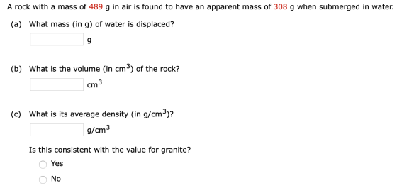 A rock with a mass of 489 g in air is found to have an apparent mass of 308 g when submerged in water. (a) What mass (in g) o