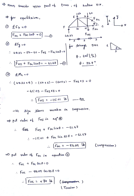 - Nowo, conside truss , upper part of section X-X. of – for equilibrium, Elst od 60 Foc T: 12 e {FxZO F ex Н He 9 Fhc + Fpc C
