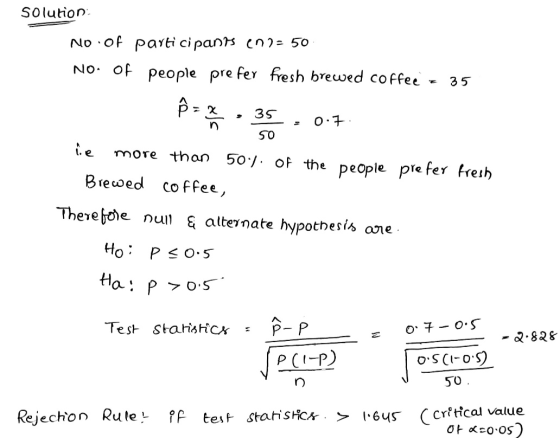 solution: No. of participants en 2 - 50 No. of people prefer fresh brewed coffee E 35 ²= 2 35 0.7 SO lie more than 50). Of th