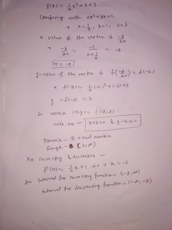 c=3 fx)=x2+x+3 Comparing with ax² + bx tc a=t, ball x value of the verten is - b -b Tha 2x1 2a - y-value of the verten is f(2