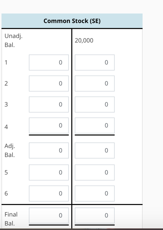 Common Stock (SE) Unadj Bal. 20,000 0 0 0 4 0 0 Adj Bal. 0 0 0 Final Bal 0 0