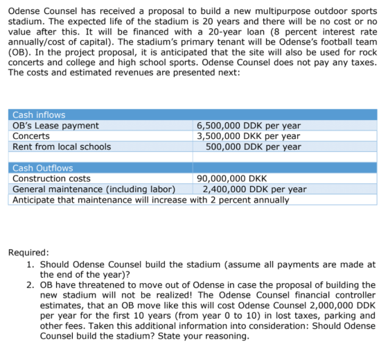 Odense Counsel has received a proposal to build a new multipurpose outdoor sports stadium. The expected life of the stadium i