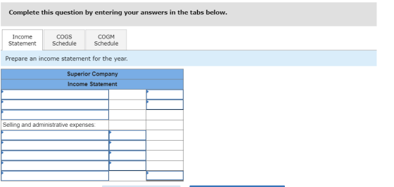 Complete this question by entering your answers in the tabs below. Income Statement COGS Schedule COGM Schedule Prepare an in