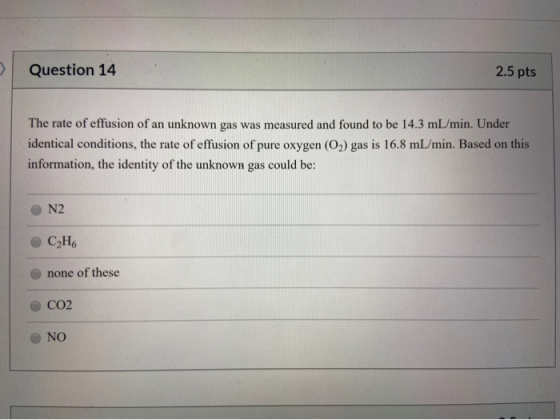 Question 14 2.5 pts The rate of effusion of an unknown gas was measured and found to be 14.3 mL/min. Under identical conditio