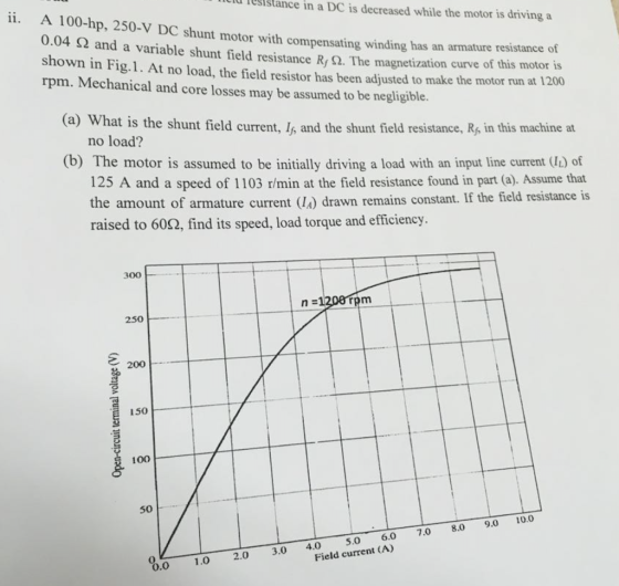 T u resistance in a DC is decreased while the motor is driving a ii. A 100-hp, 250-V DC shunt motor with compensating winding