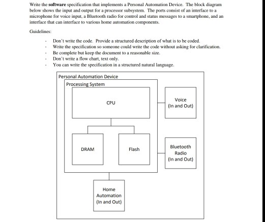 Write the software specification that implements a Personal Automation Device. The block diagram below shows the input and ou