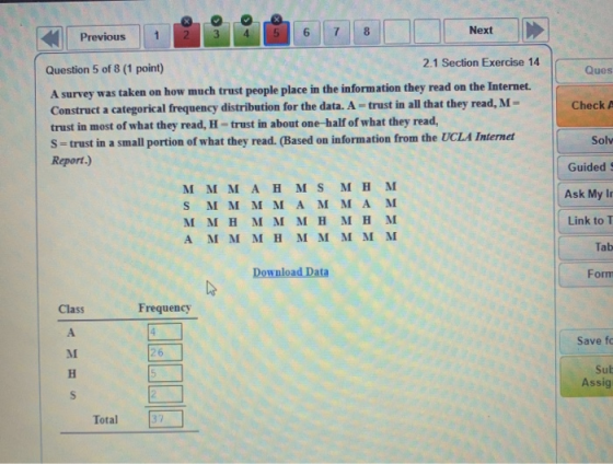Previous 1 2 3 6 7 Next 8 Ques Check A Question 5 of 8 (1 point) 2.1 Section Exercise 14 A survey was taken on how much trust