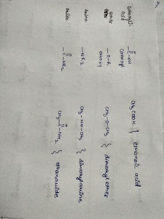 ethanoic acid Atbco carboxylic acid مائل - carboxyl Ether -o-R енно ху cez-O-CH3 } dimethyl ether Amine -NR2 Az-NH-CH3 } dime