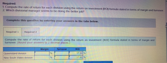 Required: 1. Compute the rate of return for each division using the return on investment (ROI) formula stated in terms of mar