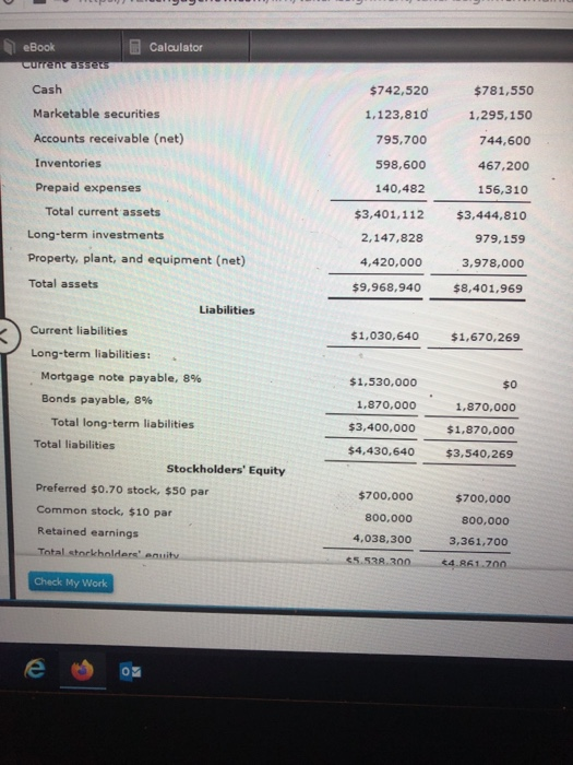 Calculator eBook Current assets $742,520 $781,550 1,295,150 Cash Marketable securities Accounts receivable (net) Inventories