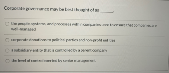 Corporate governance may be best thought of as the people, systems, and processes within companies used to ensure that compan