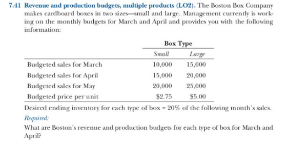 7.41 Revenue and production budgets, multiple products (LO2). The Boston Box Company makes cardboard boxes in two sizes-small