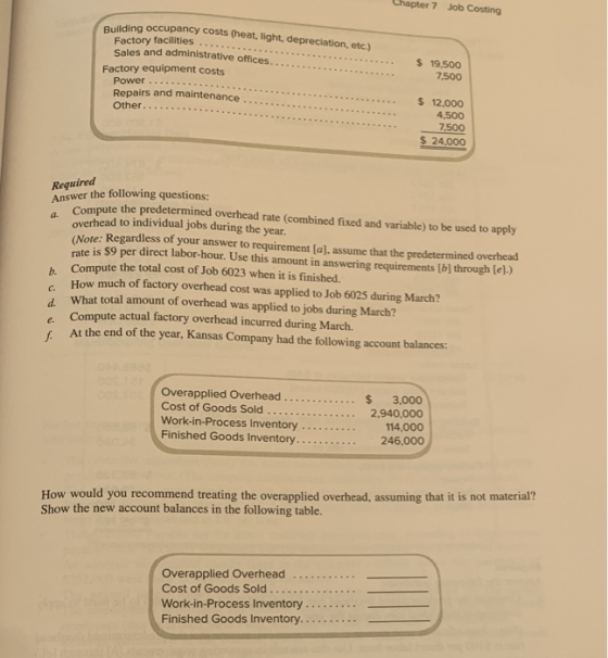 Factory facilities Chapter 7 Job Costing overhead to individual jobs during the year. Building occupancy costs (heat, light,