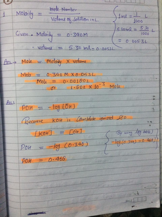 mole Number I Molarity = volume of solution in L a Ime = I L 1000 15.30ml = 5.30 Given Molarity = 0.340M 1000 - 0.0053L volum