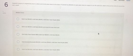 Sex Submit Cane Company cash sales? whe Mutile Choice O Debit Car $0.500.credt Ste 8,645 creditates O Debit Cash 8.500 credit