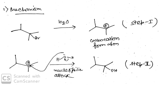 y mechanism H2O Lo ( step-I) 1er Carbocahon formation HOH nucleophilie attaca Scanned with CamScanner