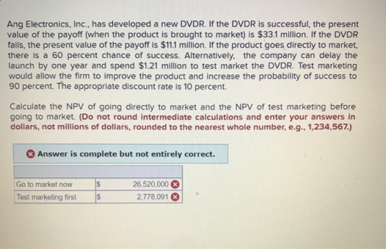 Ang Electronics, Inc., has developed a new DVDR. If the DVDR is successful, the present value of the payoff (when the product