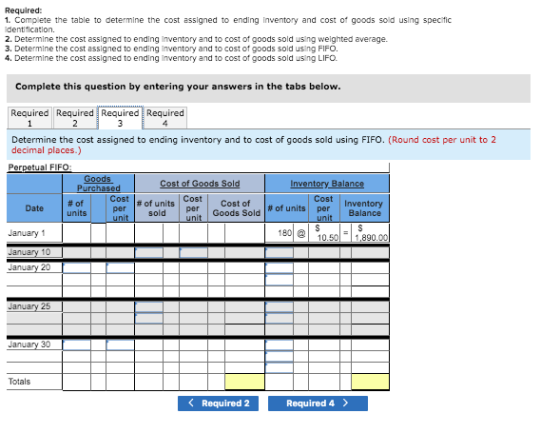 Required: 1. Complete the table to determine the cost assigned to ending inventory and cost of goods sold using specific dent