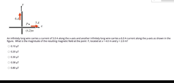 641 54 (4,2). An infinitely long wire carries a current of 5.0 A along the x-axis and another infinitely long wire carries a