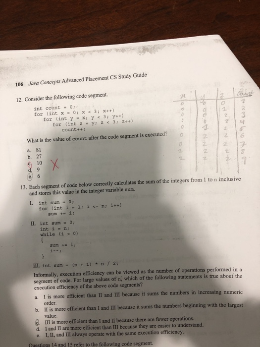 106 Java Concepts Advanced Placement CS Study Guide 3 12. Consider the following code segment. int count = 0; for (int x = 0;