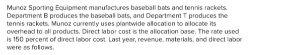 Munoz Sporting Equipment manufactures baseball bats and tennis rackets. Department B produces the baseball bats, and Departme