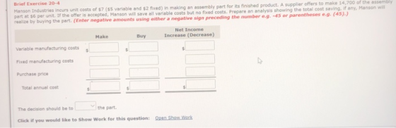 Brief Exercise 20-4 Manson Industries incurs unit costs of $7 ($5 variable and $2 fixed) in making an assembly part for its f