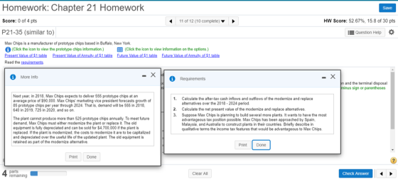 Homework: Chapter 21 Homework Save 11 of 12 (10 complete) HW Score: 52.67%, 15.8 of 30 pts Score: 0 of 4 pts P21-35 (similar