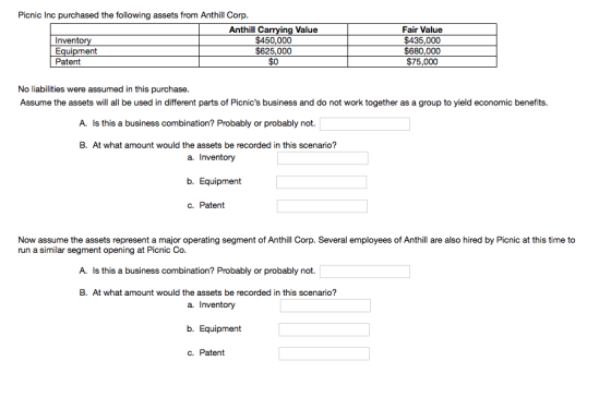 Picnic Inc purchased the following assets from Anthill Corp. Anthill Carrying Value Inventory $450,000 Equipment $625,000 Pat