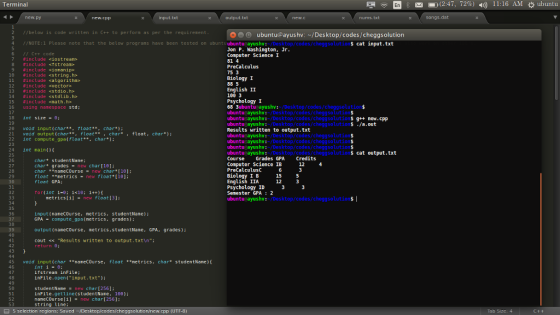 Terminal 四 1回(2:47, 72%) 11:16 AM ※ubuntu new. py new.cpP input.txt output.txt nums.txt songs.dat 2 I/below is code written i