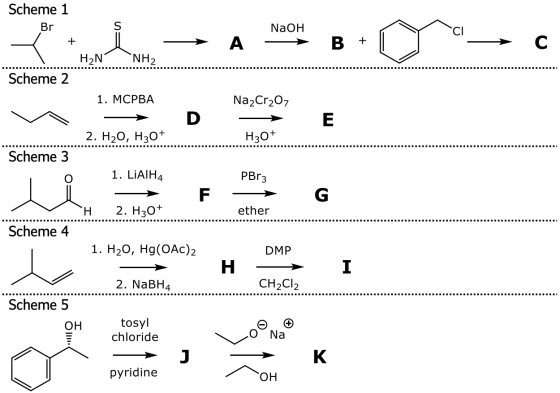 Scheme 1 Br S NaOH CI + A B + С H2N NH2 Scheme 2 1. MCPBA Na2Cr2O7 D E 2. H20, H30+ H30+ Scheme 3 1. LIAIH4 PBr3 F G Н 2. H30