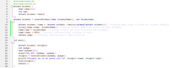 #include<stdio.h> #include<stdlib.h> Estruct student { char name (50); int age; struct student *next; -}; struct student * cr